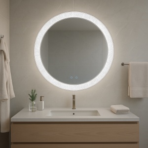 Oglindă LED rotundă cu ramă acrylic decorativ, iluminare rece, caldă și neutră, plus funcție anti-aburire