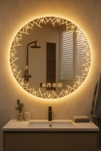 oglindă de baie rotundă cu design modern, minimalist, ramă decorativă LED- lumina rece, calda si neutra, dezaburire și ceas electronic