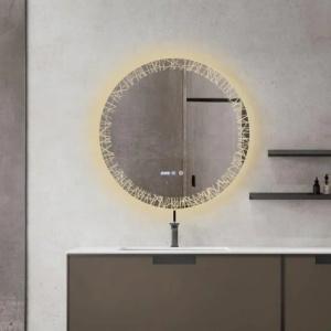 oglindă LED rotundă cu model decorativ, funcție de dezaburire, ceas digital, termometru și trei tipuri de lumină – rece, caldă și neutră