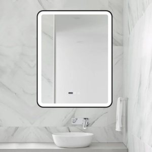 oglindă LED de baie cu ramă din aluminiu, funcție de dezaburire, afișaj digital pentru ceas și termometru, design modern cu colțuri rotunjite