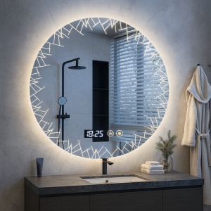 oglindă rotundă ,moderna, cu design minimalist de baie cu ceas digital, funcție dezaburire și iluminare LED rece, caldă și neutră