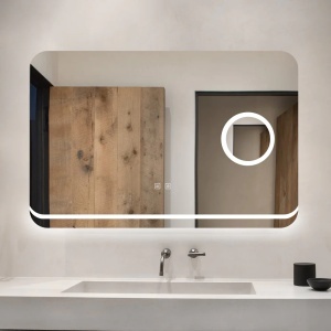 oglindă dreptunghiulară cu iluminare LED, funcție de dezaburire și lupă cosmetică integrată, ideală pentru baie modernă