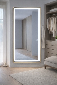 oglindă mare aurie cu ramă de aluminiu, suport și opțiune de agățare, iluminare rece, caldă și neutră