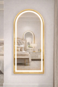 oglindă mare aurie cu ramă de aluminiu, suport și opțiune de agățare, iluminare rece, caldă și neutră