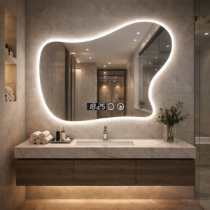 Oglinda decorativa baie cu forma abstracta si LED