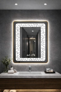 Oglinda baie LED patrata cu iluminare perimetrala si afisaj digital, design modern
