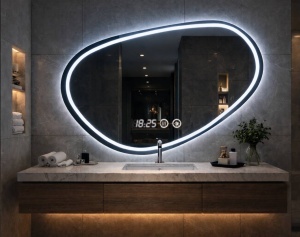 Oglinda LED DECORIALE cu Dezaburire , Ceas si Termometru 90x70cm - "Celest"