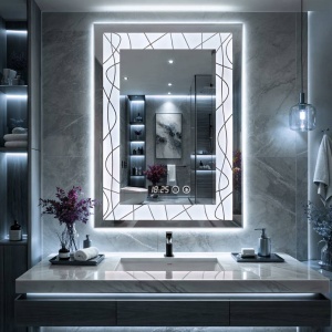 Oglinda baie LED dreptunghiulara cu iluminare perimetrala si afisaj digital, design modern