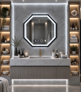 Oglinda LED DECORIALE cu Rama Neagra, Senzor de Mișcare, Dezaburire, Ceas și Termometru 70x70cm - "Dovin"