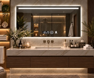 Oglinda baie LED dreptunghiulara cu iluminare frontala si afisaj digital, design modern