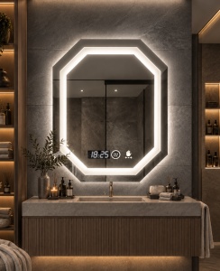 Oglinda geometrica pentru baie cu LED, ceas digital si senzor de miscare