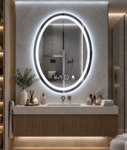 Oglinda baie LED ovala cu iluminare integrata, afisaj digital si senzor de miscare