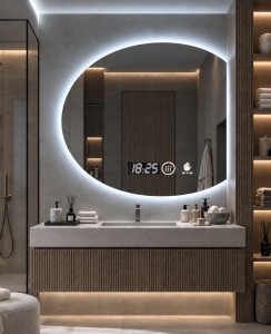Oglinda baie LED rotunda cu afisaj digital si senzor de miscare, design modern