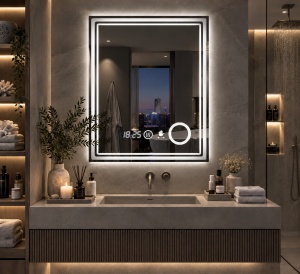 Oglinda moderna pentru baie cu LED, functii smart, inel luminos pentru cosmetica si senzor de miscare
