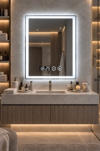 Oglinda moderna de baie cu iluminare LED si buton tactil