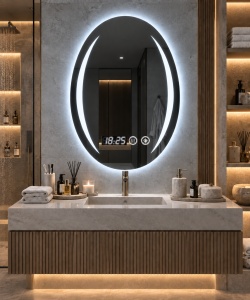 Oglinda baie LED ovala verticala cu afisaj digital si buton touch, design modern