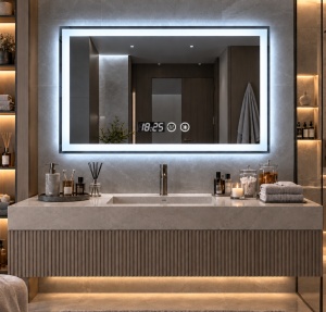 Oglinda baie dreptunghiulara cu LED, display digital si functie touch
