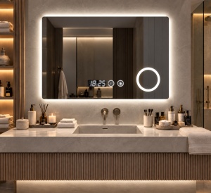 Oglinda baie LED dreptunghiulara cu inel cosmetic, afisaj digital si buton touch