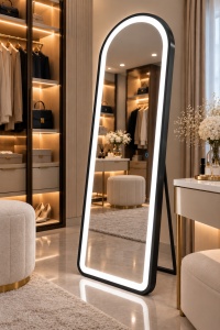 Oglinda LED verticala cu rama neagra si buton touch, design modern pentru dressing