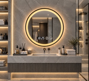 Oglinda LED Touch DECORIALE cu Rama Neagra, Dezaburire , Ceas si Termometru 70cm - "Dorsen"