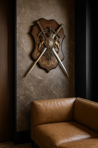 Decorațiune de perete stil medieval, scut heraldic decorativ cu două săbii încrucișate și emblemă centrală cu literă, design cavaleresc clasic