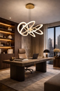 Lustră modernă LED albă cu design sculptural ondulat, iluminat suspendat decorativ pentru living, dining sau interioare contemporane