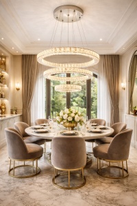 Lustră LED modernă cu trei inele suspendate, efect cristal și lumină caldă, design elegant pentru iluminat decorativ