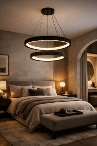 Lustră LED modernă cu două cercuri suspendate negre, design minimalist pentru living, iluminare decorativă eficientă, perfectă pentru interioare contemporane
