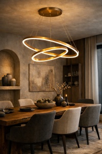 Lustră LED modernă suspendată aurie cu cercuri interconectate, iluminat decorativ cald pentru living elegant și interioare contemporane