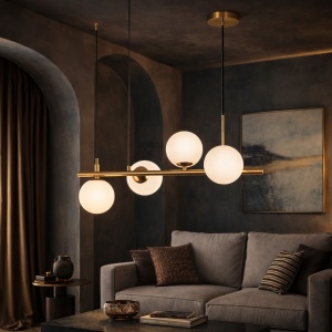 Lustră modernă aurie cu globuri din sticlă opal, design minimalist pentru iluminat decorativ în living sau dining