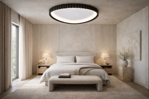 Plafonieră LED rotundă cu ramă neagră ondulată și lumină difuză, design modern și elegant