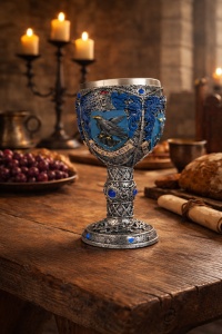 Pocal medieval cu dragon reliefat si insertii albastre