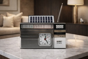 Radio retro portabil cu ceas analogic, panou solar și antenă telescopică, radio FM AM SW pentru interior și exterior