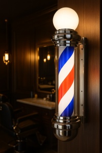 lampă de perete argintie barbershop, cromată, cu spirală roșu, alb și albastru și glob luminos, 70cm