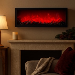 Șemineu decorativ modern orizontal cu ramă neagră și foc artificial
