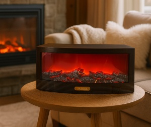 Șemineu decorativ electric cu efect de jar, Bluetooth integrat, montaj pe perete sau pe suprafață plană, rama modernă