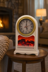 Șemineu electric decorativ cu ceas vintage, model alb cu foc artificial