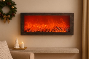 șemineu decorativ electric suspendabil cu ramă maro și flacără LED