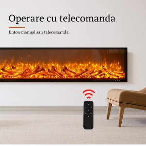 șemineu electric panoramic incorporabil cu funcție de încălzire și telecomandă, flăcări LED realiste si optiune multicolor , functie afisaj LCD