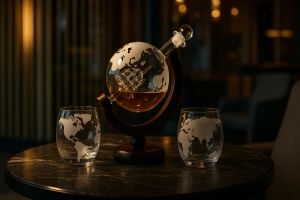 Decantor glob din sticlă cu suport din lemn