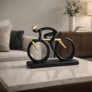 Statueta decorativa ciclist pe bicicleta, figurina moderna negru cu auriu