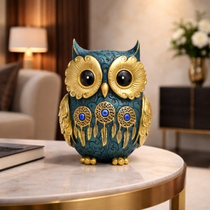 Statuetă bufniță decorativă turcoaz cu detalii aurii și ochi mari, simbol al înțelepciunii și protecției