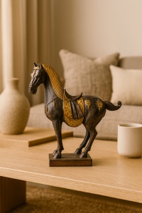 Statuie cal decorativ, lucrată artistic cu accente aurii. Reprezintă grația, forța și frumusețea clasică a acestui animal nobil.