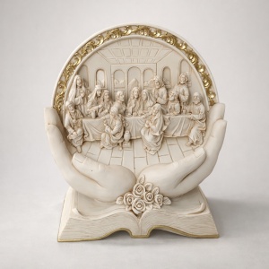 Statuetă religioasă Cina cea de Taină în palmele protectoare, cu Iisus Hristos și cei 12 apostoli, decor creștin simbolic