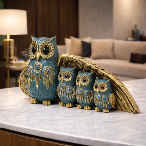 Set statuete bufnițe decorative cu pui, simbol al înțelepciunii și protecției familiei