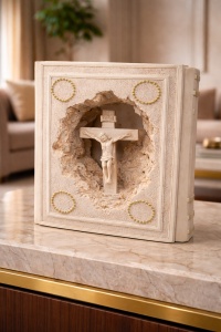 Icoana religioasa cu Iisus pe cruce in rama decorativa alba, tablou crestin de perete