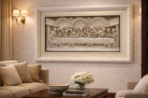 Tablou religios Cina cea de Taina in relief bej, decor crestin cu rama clasica
