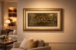 Tablou Cina cea de Taină în relief auriu cu ramă decorativă, decor religios pentru perete