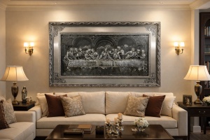 Tablou decorativ Cina cea de Taină cu ramă argintie și contur din oglindă, decor religios pentru interior.
