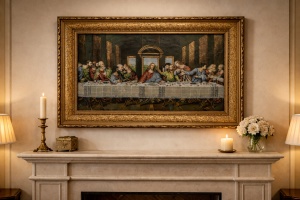 Tablou decorativ religios Cina cea de Taină, scenă clasică cu Iisus și apostolii, în ramă ornamentală